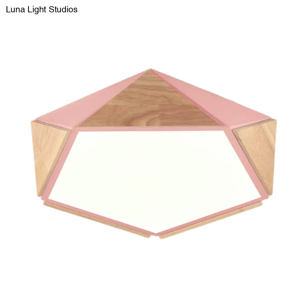Stylish Wood Led Flush Light For Kids Bedroom - Pentagon Ceiling Mount Macaron Design