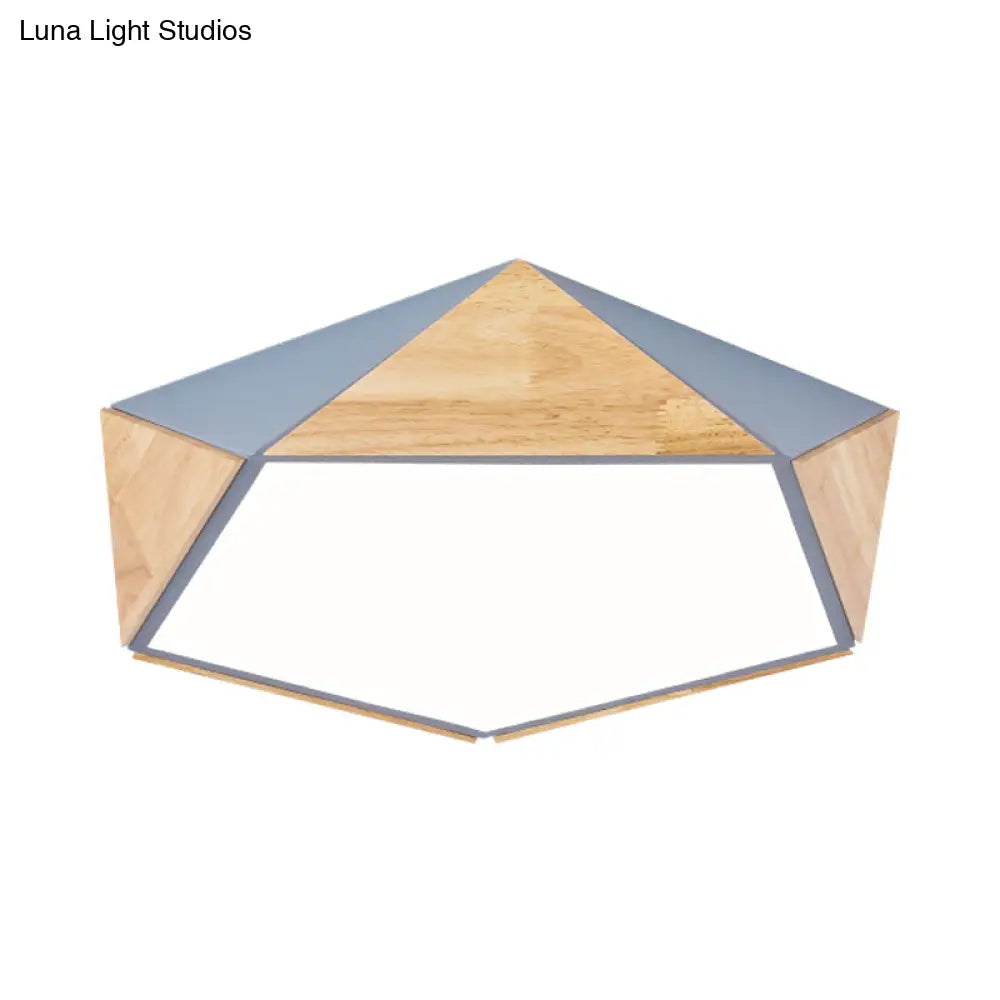 Stylish Wood Led Flush Light For Kids Bedroom - Pentagon Ceiling Mount Macaron Design