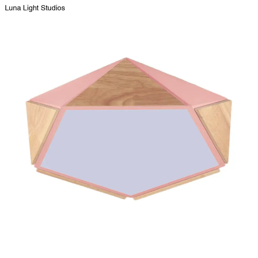 Stylish Wood Led Flush Light For Kids Bedroom - Pentagon Ceiling Mount Macaron Design