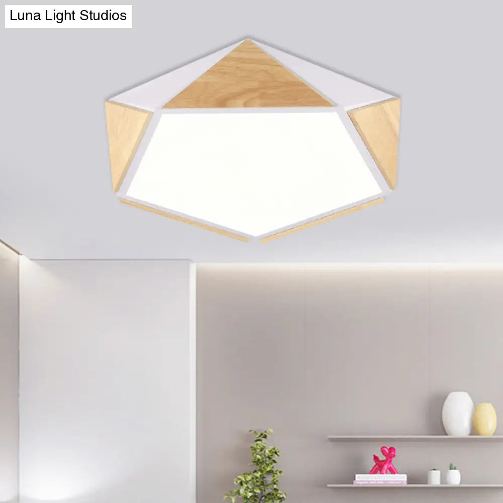 Stylish Wood Led Flush Light For Kids Bedroom - Pentagon Ceiling Mount Macaron Design