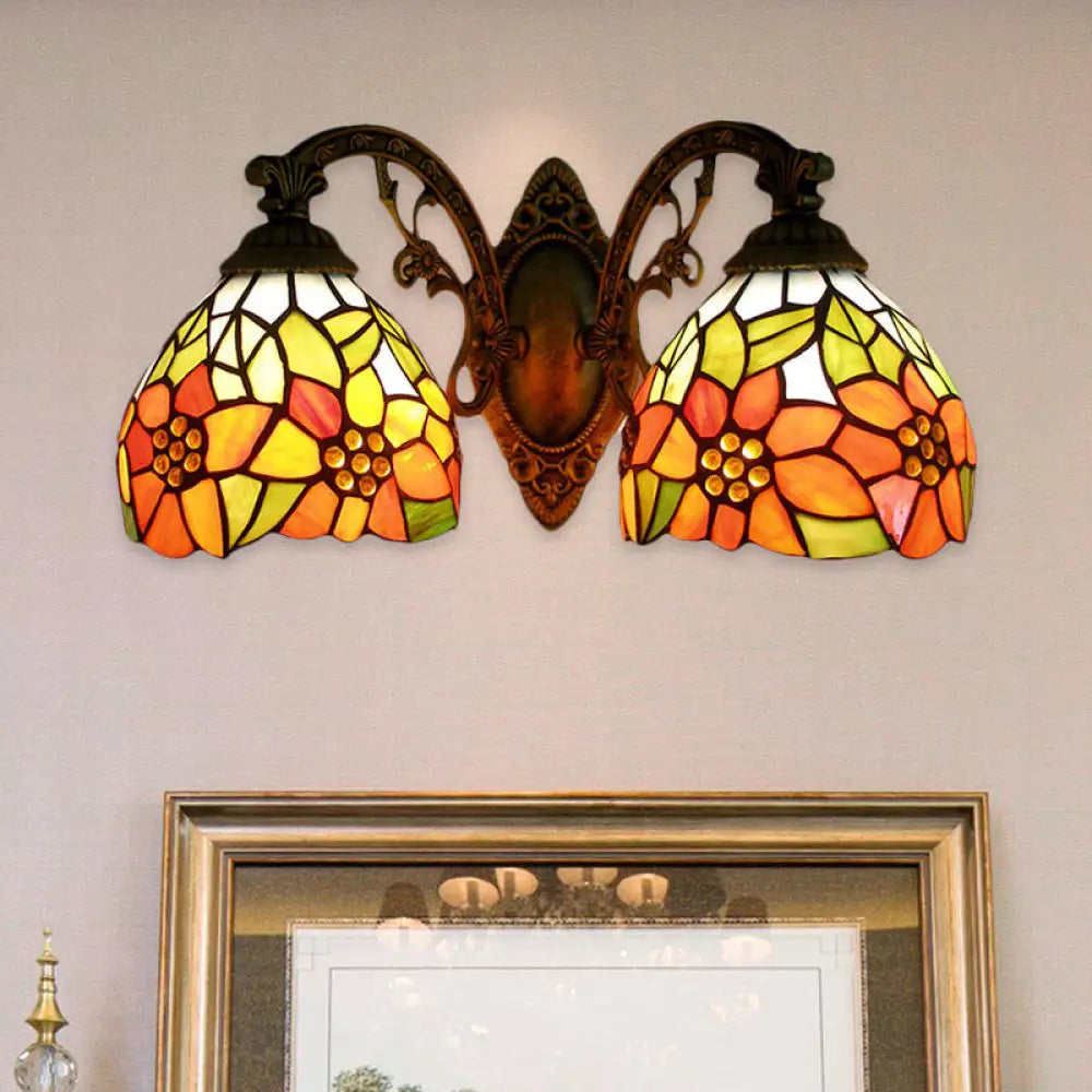Sunflower Lodge Wall Sconce With Orange/Yellow Glass Shade - 2 Lights Lighting Yellow / Down