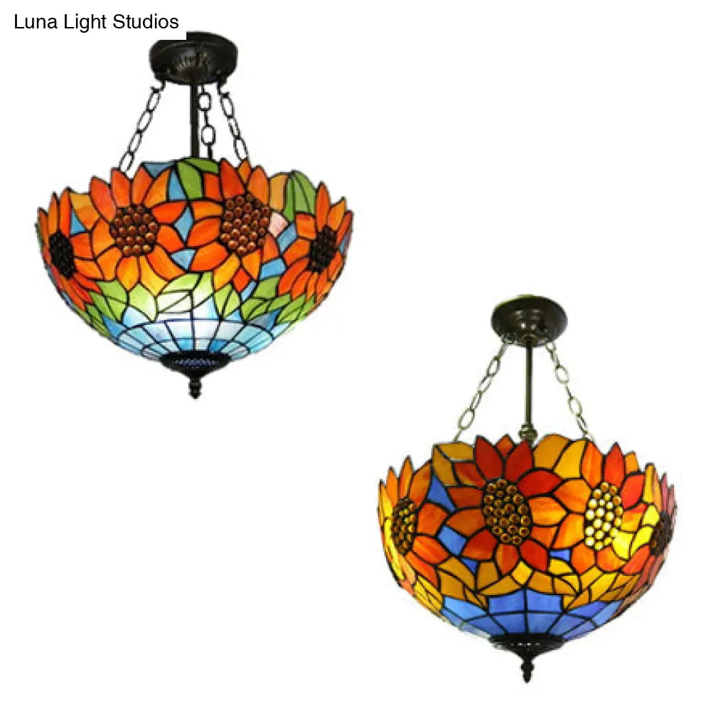 Sunflower Stained Glass Ceiling Light - Rustic Tiffany Style In Orange 12’/16’ Width Semi Flush