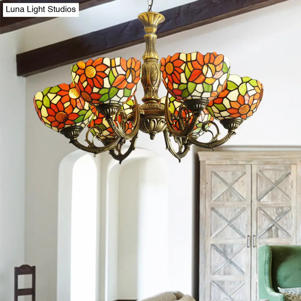 Sunflower Stained Glass Rustic Tiffany Chandelier - 3/5/6 Light Kitchen Hanging With Inverted
