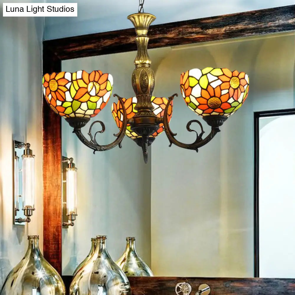 Sunflower Stained Glass Rustic Tiffany Chandelier - 3/5/6 Light Kitchen Hanging With Inverted