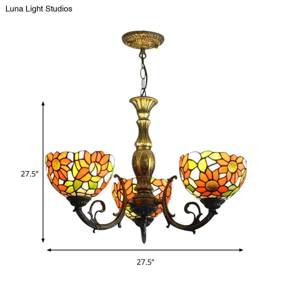 Sunflower Stained Glass Rustic Tiffany Chandelier - 3/5/6 Light Kitchen Hanging With Inverted