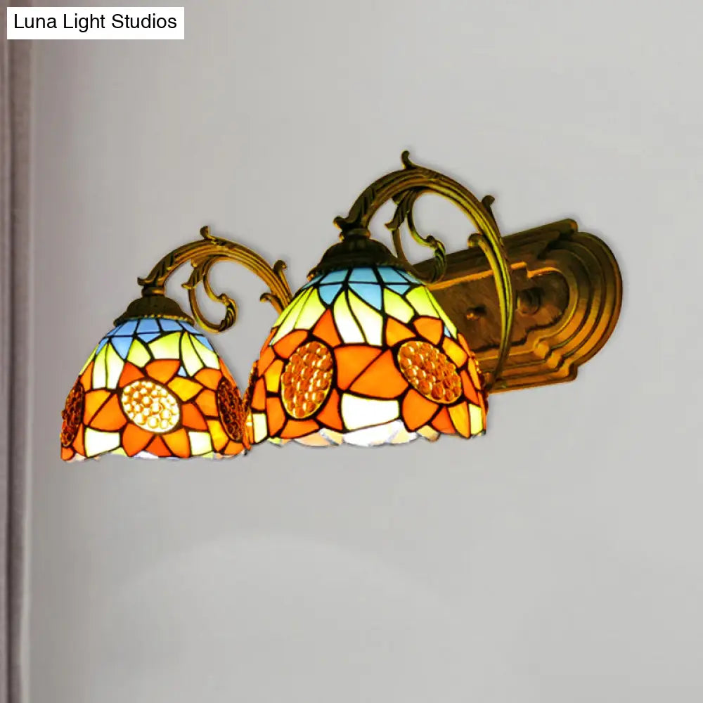 Sunflower Stained Glass Wall Light - 2-Light Loft Sconce In Orange