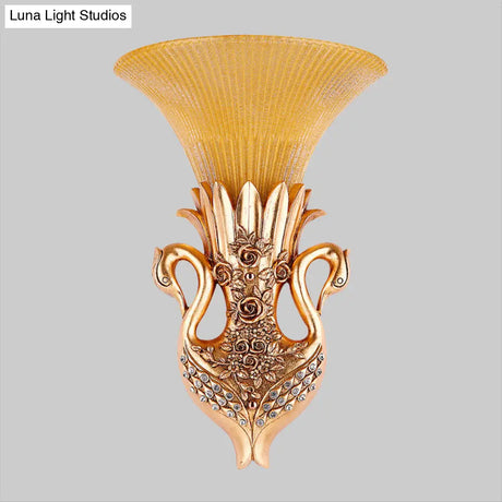 Swan Sconce Lamp: Farmhouse Resin Single Bulb Wall Lighting With Gold Finish And Fluted Glass Shade