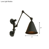 Swing Arm Wall Sconce Light - Industrial Metal Lamp With Conical Shade In Black For Study Room