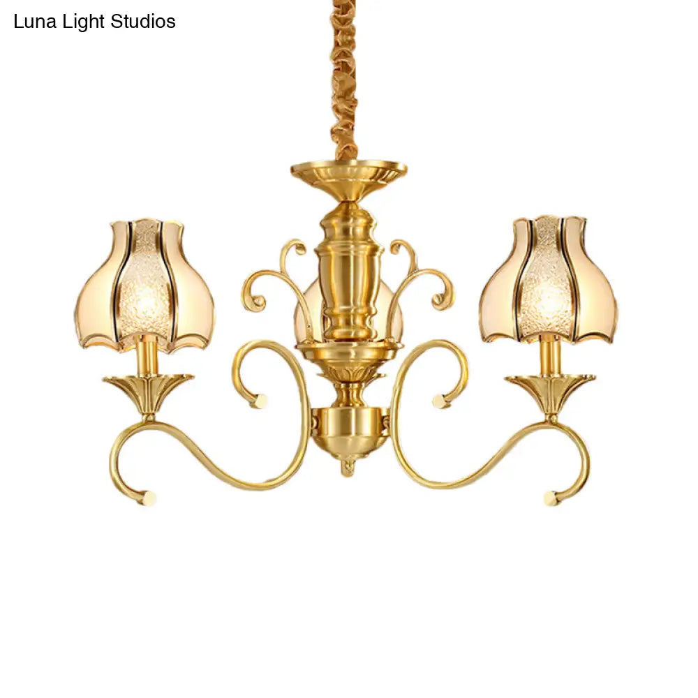 Swirled Arm Suspended Chandelier In Gold: Colonial Style With Frosted And Water Glass Shade (3/5/6