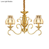 Swirled Arm Suspended Chandelier In Gold: Colonial Style With Frosted And Water Glass Shade (3/5/6