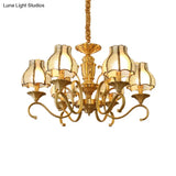 Swirled Arm Suspended Chandelier In Gold: Colonial Style With Frosted And Water Glass Shade (3/5/6