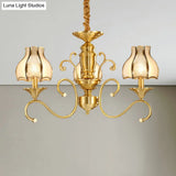 Swirled Arm Suspended Chandelier In Gold: Colonial Style With Frosted And Water Glass Shade (3/5/6