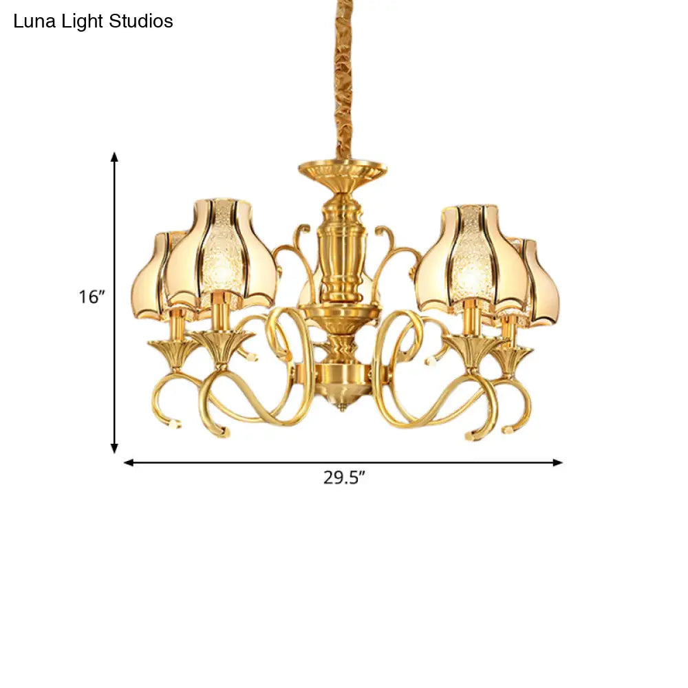Swirled Arm Suspended Chandelier In Gold: Colonial Style With Frosted And Water Glass Shade (3/5/6
