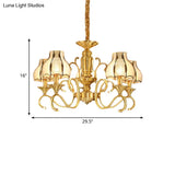 Swirled Arm Suspended Chandelier In Gold: Colonial Style With Frosted And Water Glass Shade (3/5/6