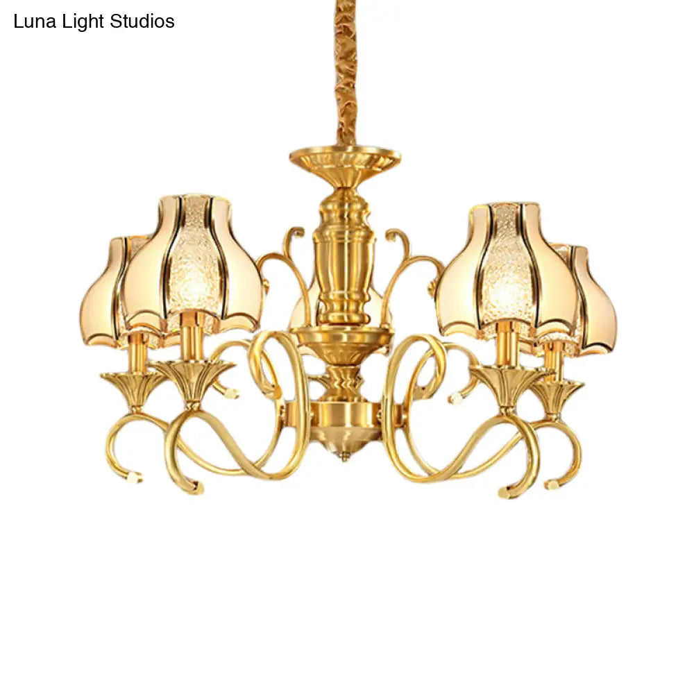 Swirled Arm Suspended Chandelier In Gold: Colonial Style With Frosted And Water Glass Shade (3/5/6
