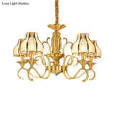 Swirled Arm Suspended Chandelier In Gold: Colonial Style With Frosted And Water Glass Shade (3/5/6