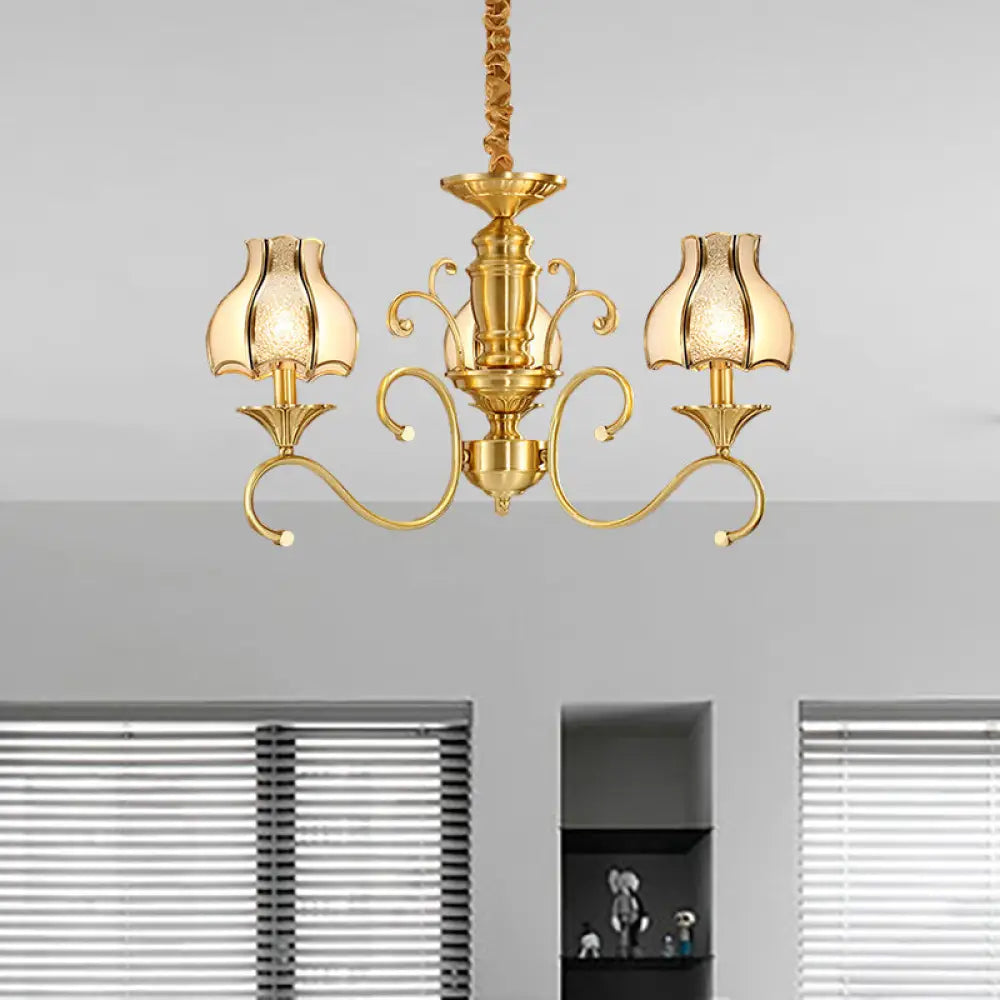 Swirled Arm Suspended Chandelier In Gold: Colonial Style With Frosted And Water Glass Shade (3/5/6