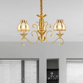 Swirled Arm Suspended Chandelier In Gold: Colonial Style With Frosted And Water Glass Shade (3/5/6