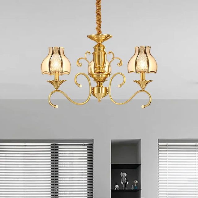 Swirled Arm Suspended Chandelier In Gold: Colonial Style With Frosted And Water Glass Shade (3/5/6