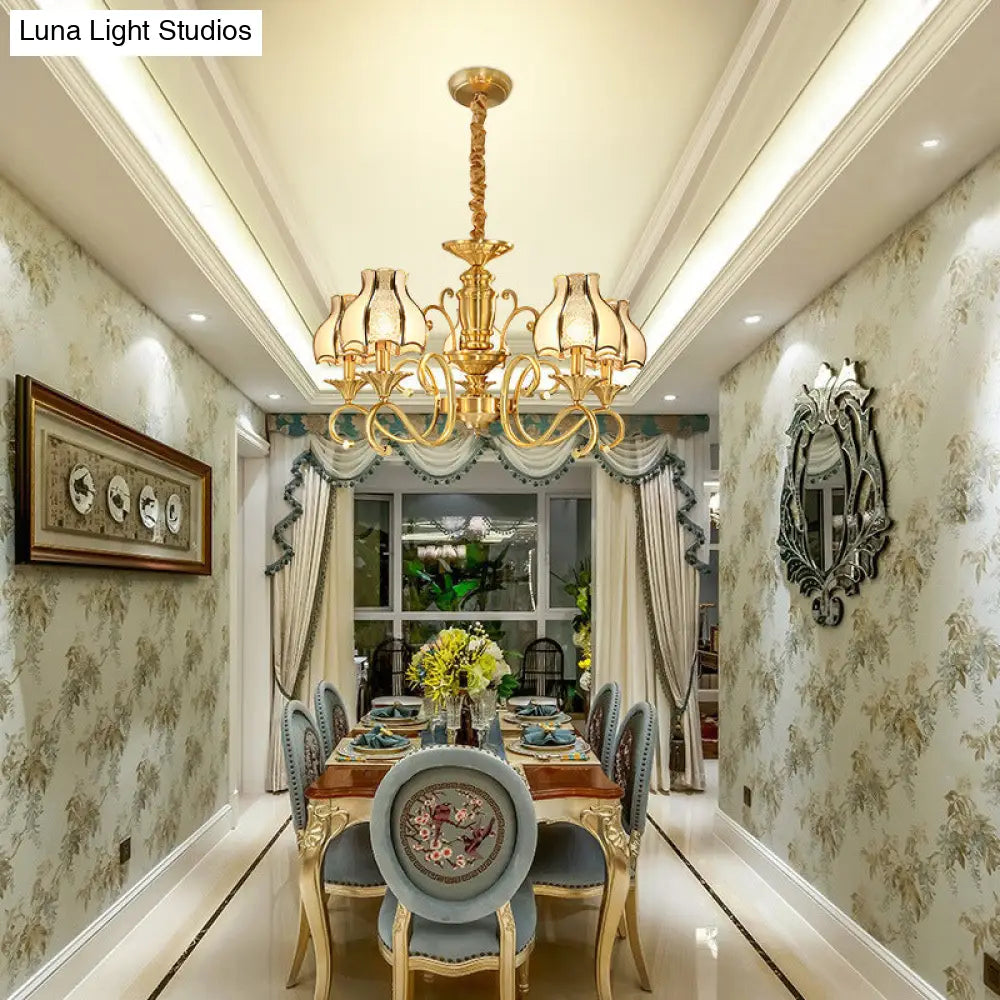 Swirled Arm Suspended Chandelier In Gold: Colonial Style With Frosted And Water Glass Shade (3/5/6
