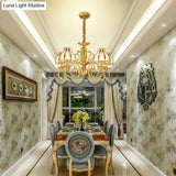 Swirled Arm Suspended Chandelier In Gold: Colonial Style With Frosted And Water Glass Shade (3/5/6
