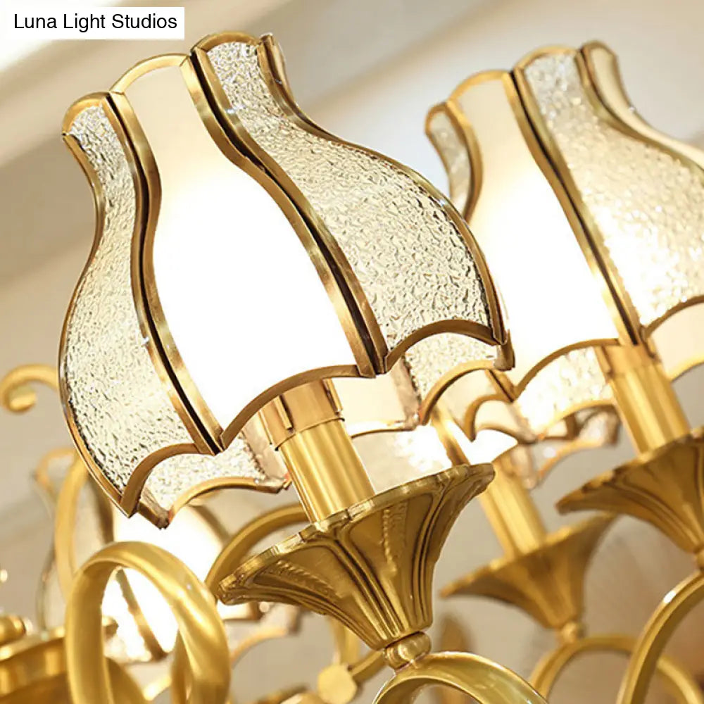 Swirled Arm Suspended Chandelier In Gold: Colonial Style With Frosted And Water Glass Shade (3/5/6