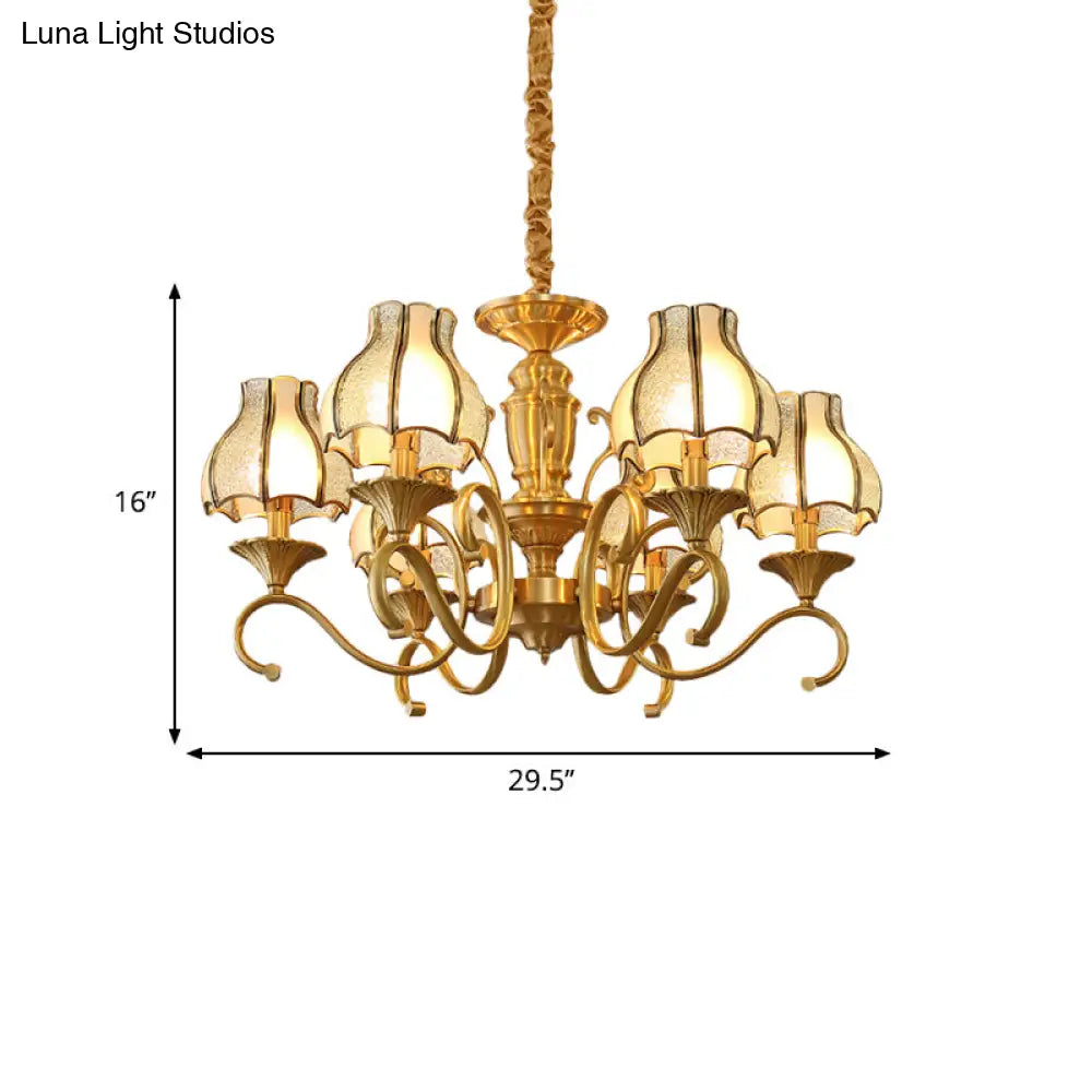 Swirled Arm Suspended Chandelier In Gold: Colonial Style With Frosted And Water Glass Shade (3/5/6