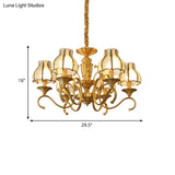 Swirled Arm Suspended Chandelier In Gold: Colonial Style With Frosted And Water Glass Shade (3/5/6