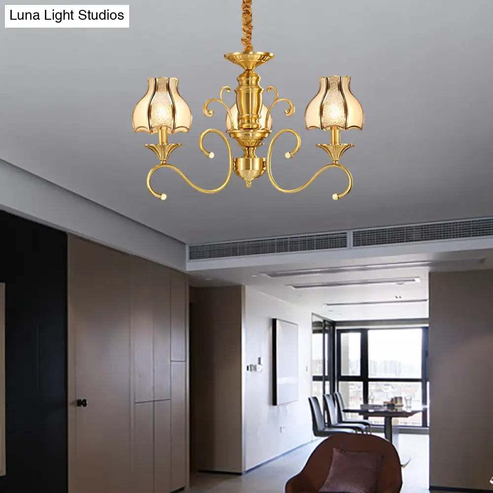 Swirled Arm Suspended Chandelier In Gold: Colonial Style With Frosted And Water Glass Shade (3/5/6