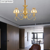 Swirled Arm Suspended Chandelier In Gold: Colonial Style With Frosted And Water Glass Shade (3/5/6