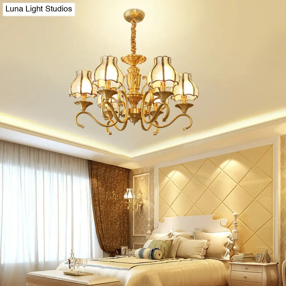 Swirled Arm Suspended Chandelier In Gold: Colonial Style With Frosted And Water Glass Shade (3/5/6