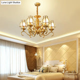 Swirled Arm Suspended Chandelier In Gold: Colonial Style With Frosted And Water Glass Shade (3/5/6