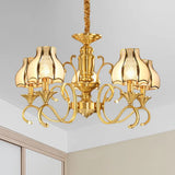Swirled Arm Suspended Chandelier In Gold: Colonial Style With Frosted And Water Glass Shade (3/5/6