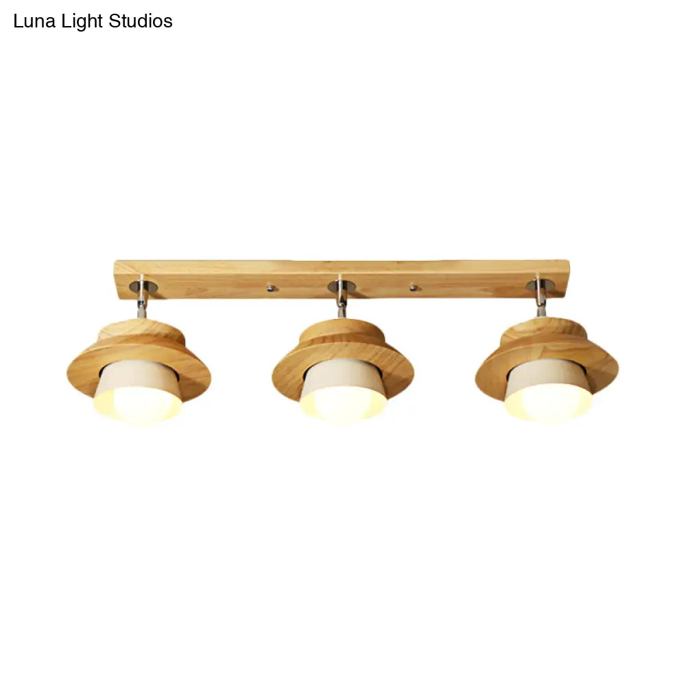 Swivelable Nordic Wooden Flush Mount Ceiling Lamp With Dual Cap Shade - 3-Light White Semi For