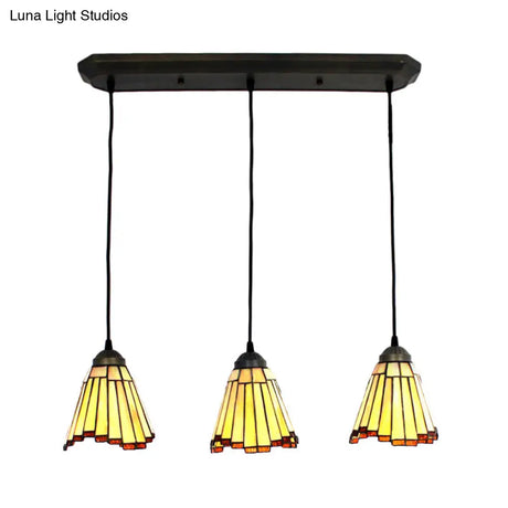 Tapered Cluster Pendant Light - Tiffany-Style Beige Handcrafted Stained Glass Set Of 3 Bulbs
