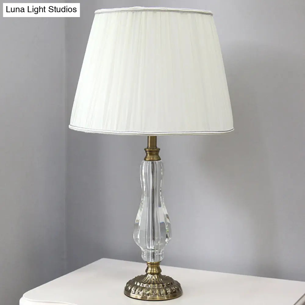 Tapered Drum Crystal Table Light With Contemporary Fabric Shade - Small White Desk Lamp