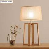 Tapered Drum Table Lamp: Contemporary Fabric Shade Wood Night Light With Trapezoid Base