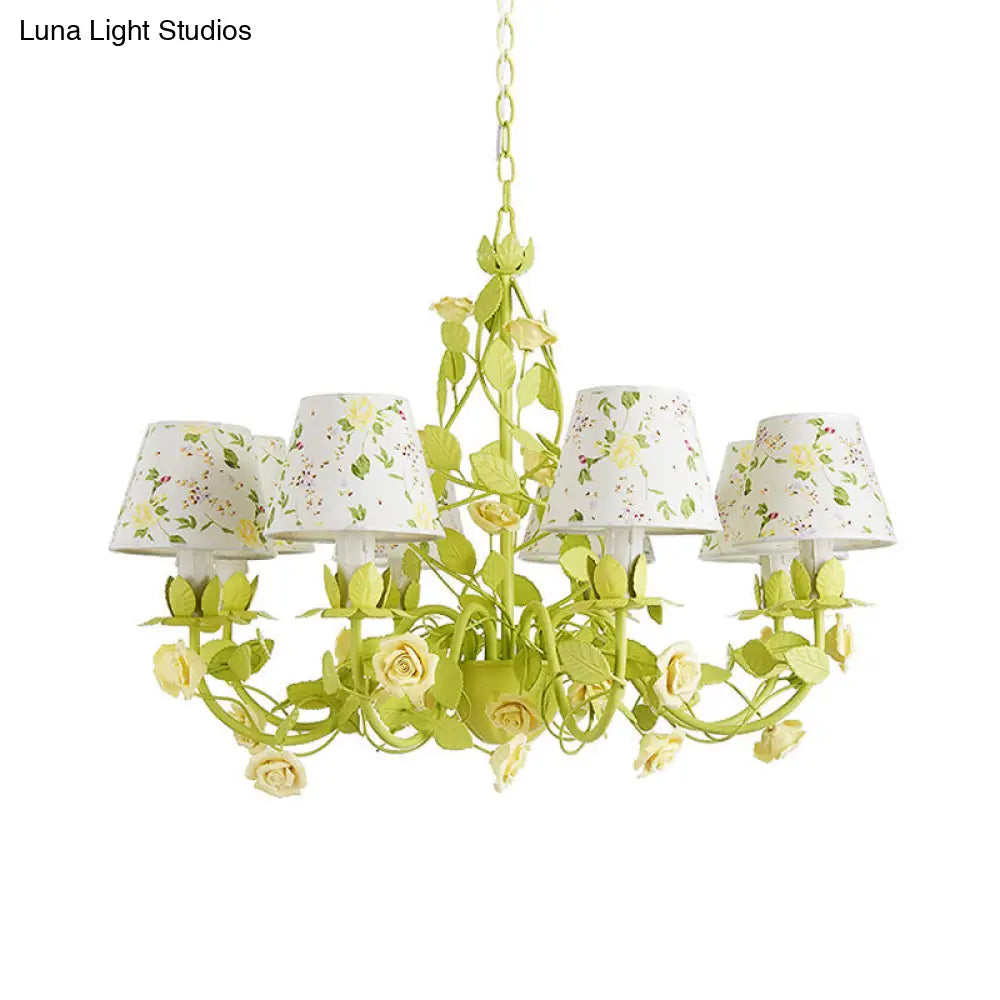 Tapered Green Pendant Chandelier With Traditional Metal Heads And Rose Decoration
