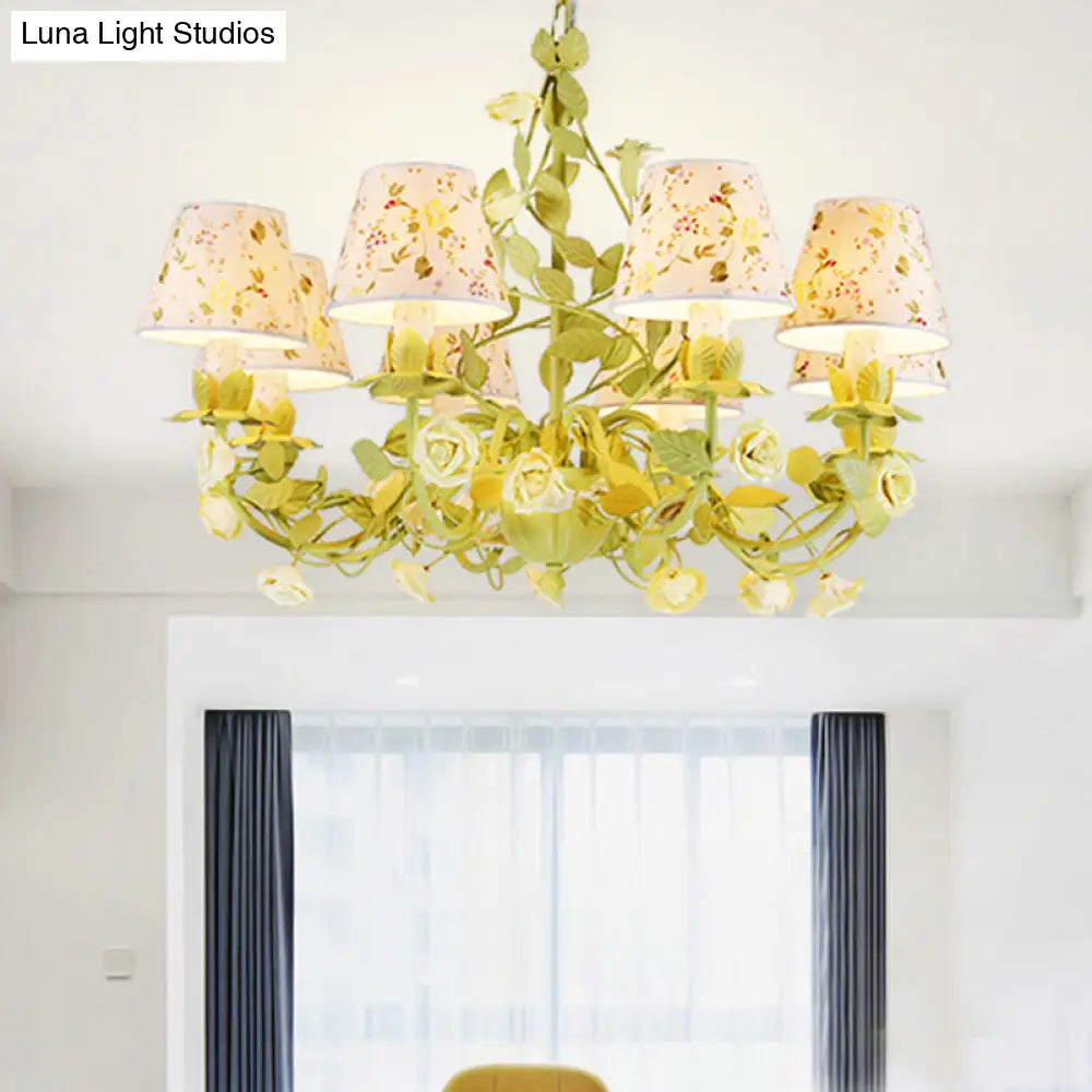 Tapered Green Pendant Chandelier With Traditional Metal Heads And Rose Decoration