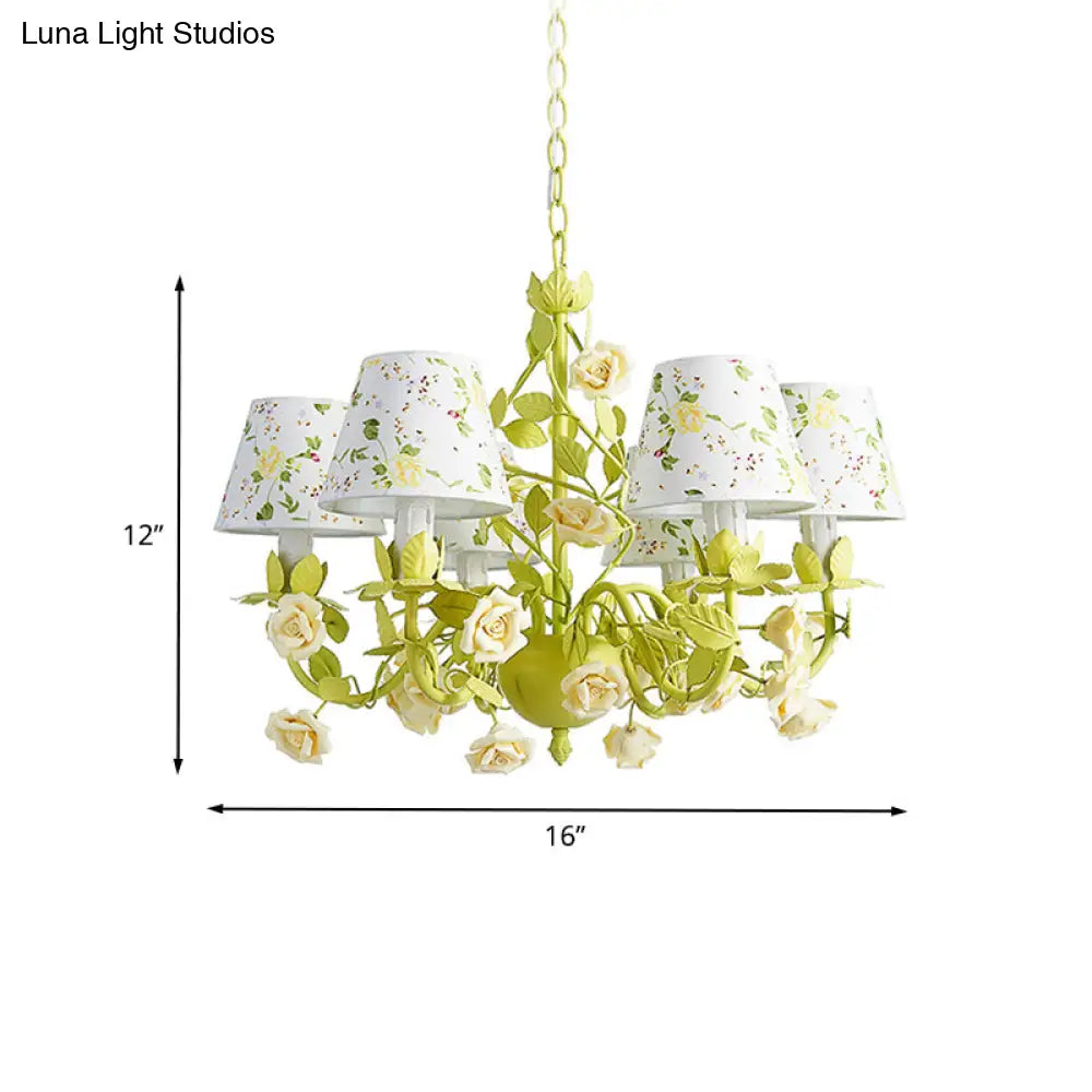 Tapered Green Pendant Chandelier With Traditional Metal Heads And Rose Decoration