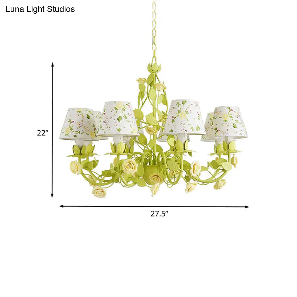 Tapered Green Pendant Chandelier With Traditional Metal Heads And Rose Decoration