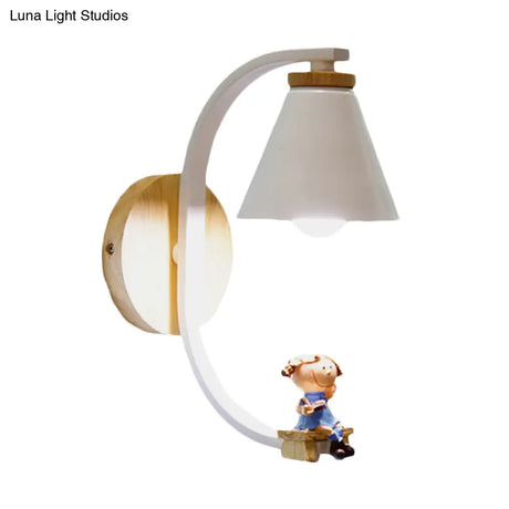 Tapered Iron Wall Mount Lamp - 1 Light Pink/Blue And Wood Sconce With Moon/Portrait Decor