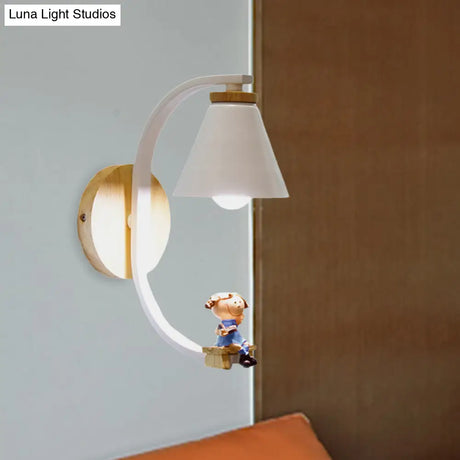 Tapered Iron Wall Mount Lamp - 1 Light Pink/Blue And Wood Sconce With Moon/Portrait Decor