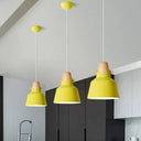 Tapered Metal Macaron Pendant Light With Wooden Decor - Restaurant Ceiling Hang Yellow / 6