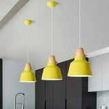 Tapered Metal Macaron Pendant Light With Wooden Decor - Restaurant Ceiling Hang Yellow / 6