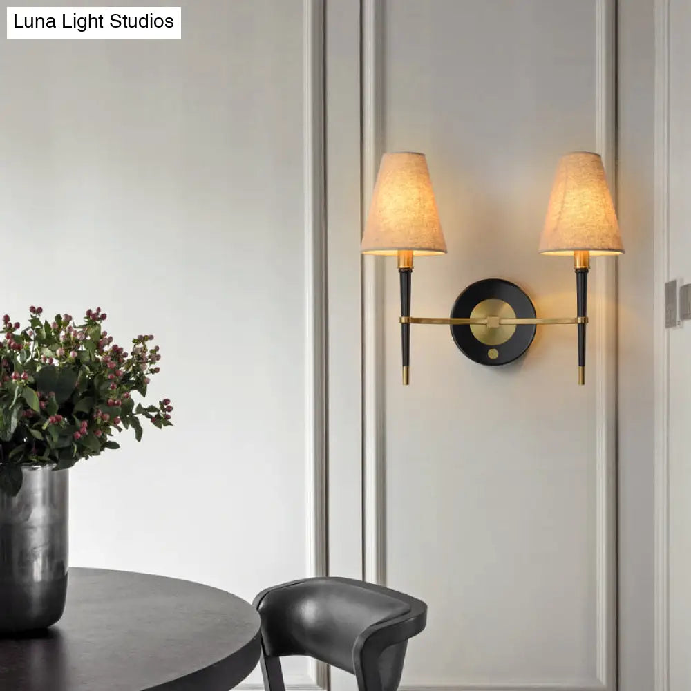 Tapered Wall Light In Brass Fabric For Living Room