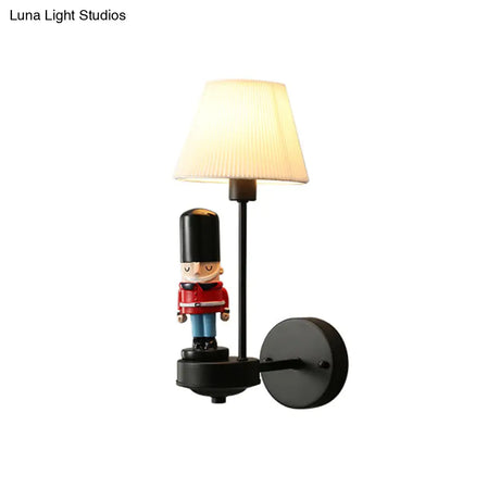 Tapered Wall Sconce Lamp: Pleated Fabric Cartoon Design With Soldier Decoration Black