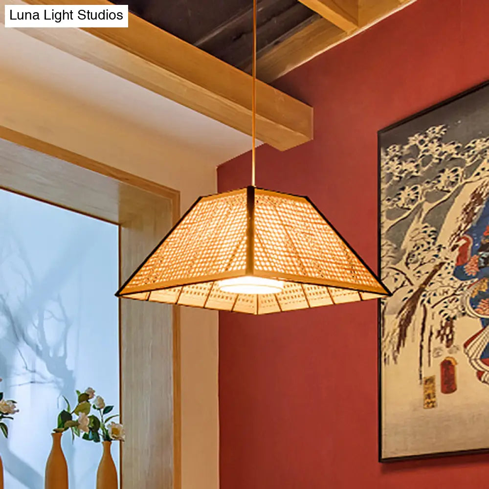 Tea House Pendulum Light: Asian Beige Suspended Pendant Lamp With Rattan Shade