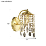 Teardrop Crystal Brass Wall Sconce For Bedroom - Elegant 1-Bulb Cylindrical Light
