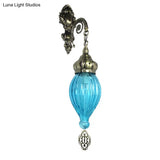 Teardrop Sconce: Wall Mounted Carved Metal Lamp With Black/White/Light Blue Glass